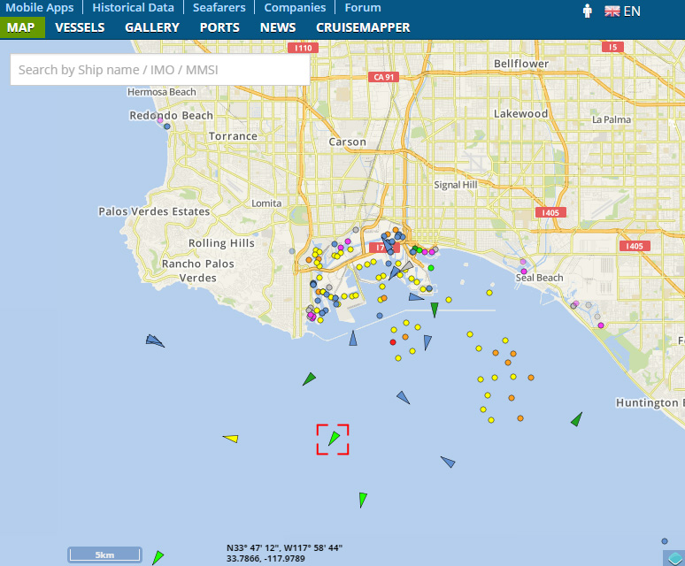 It's easier than ever before to track ships with Vessel Finder. Here's a screen shot of ships in the Los Angeles area as seen in Vessel Finder.